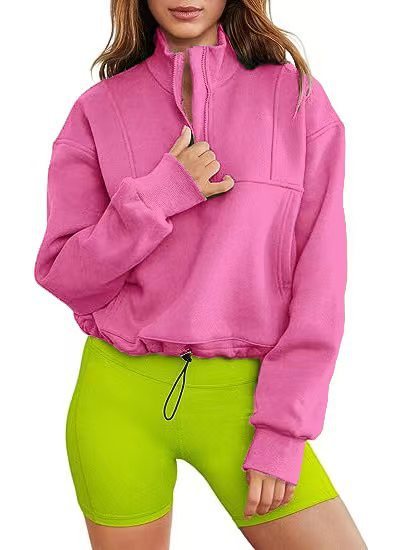 Women's Fashion Casual Stand Collar Half Zip Drawstring At Hem Brushed Hoody