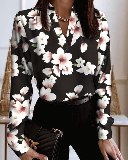 Spring Long Sleeve V-Neck Loose Printed Shirt Shirt Top Women