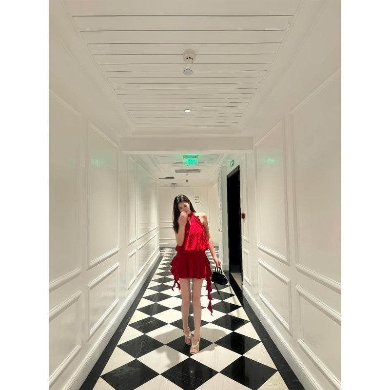 French Style Temperament High-grade Flower Halter Backless Dress