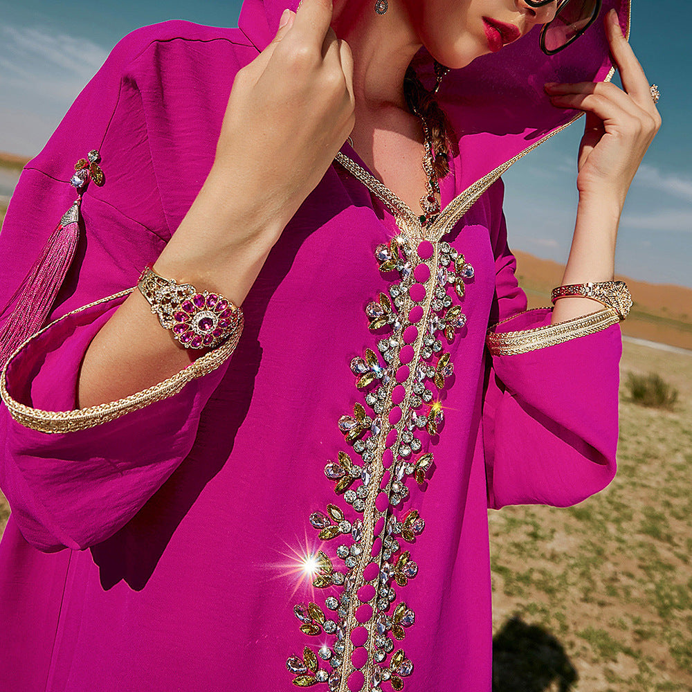 Women's Rose Red Hooded Middle East Moroccan Dubai Style Dress