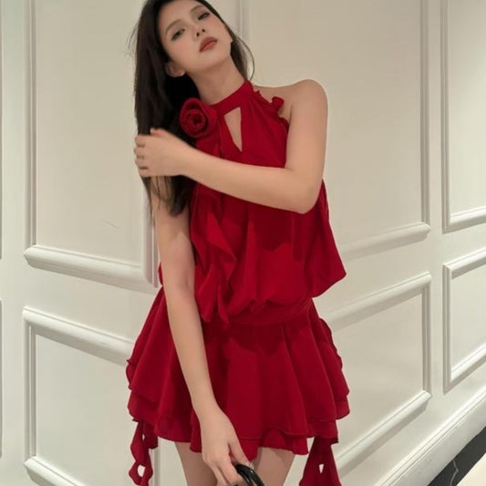 French Style Temperament High-grade Flower Halter Backless Dress
