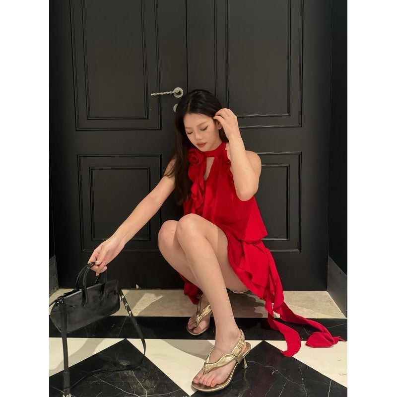 French Style Temperament High-grade Flower Halter Backless Dress