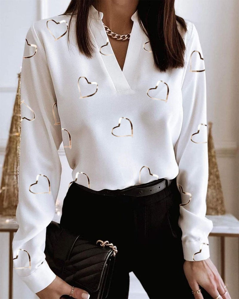 Spring Long Sleeve V-Neck Loose Printed Shirt Shirt Top Women