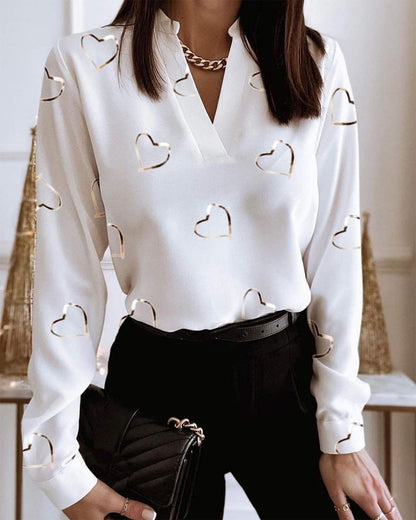 Spring Long Sleeve V-Neck Loose Printed Shirt Shirt Top Women