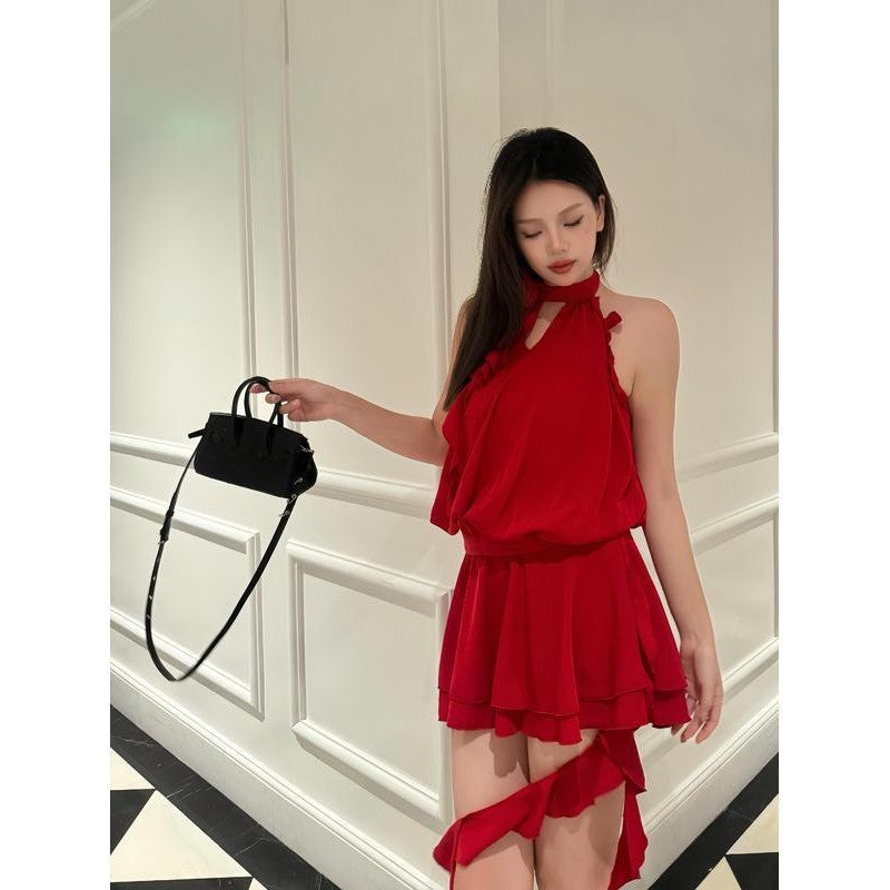 French Style Temperament High-grade Flower Halter Backless Dress