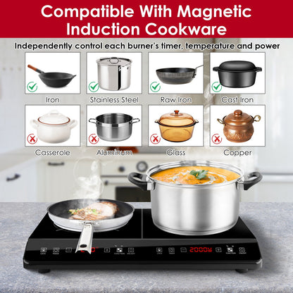1Pc 4000W Induction Cooktop Portable Double Induction Cooker Electric Dual Burner Stove Countertop Hot Plate With 9 Power 9 Temperature 3H Timer