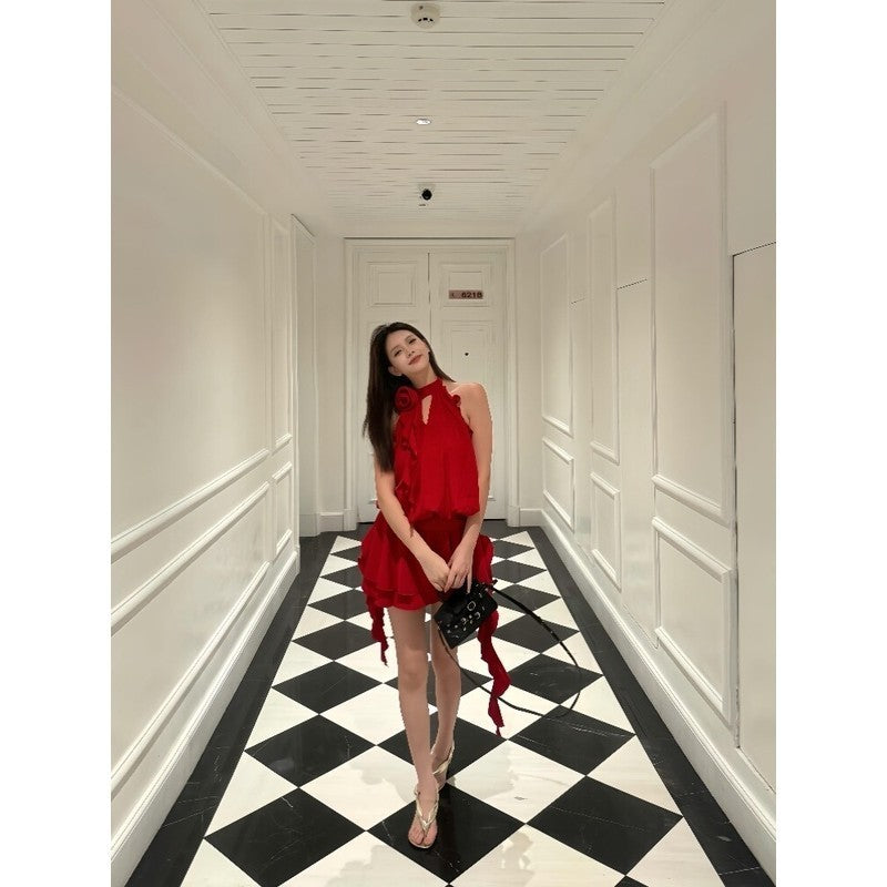 French Style Temperament High-grade Flower Halter Backless Dress