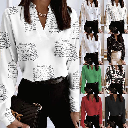 Spring Long Sleeve V-Neck Loose Printed Shirt Shirt Top Women